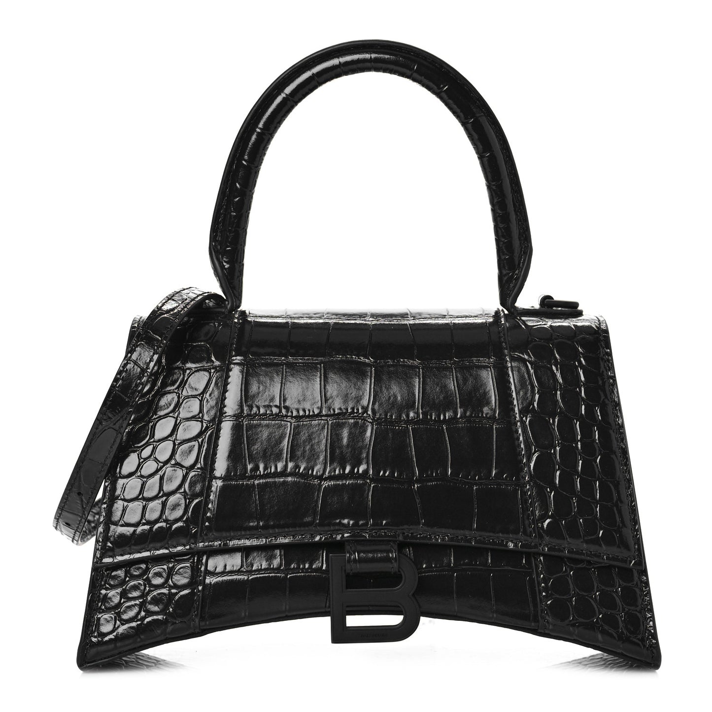 Shiny Calfskin Monochrome Crocodile Embossed Small Hourglass Top Handle Bag Black