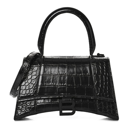 Balenciaga Shiny Calfskin Monochrome Crocodile Embossed Small Hourglass Top Handle Bag Black 1 of 9