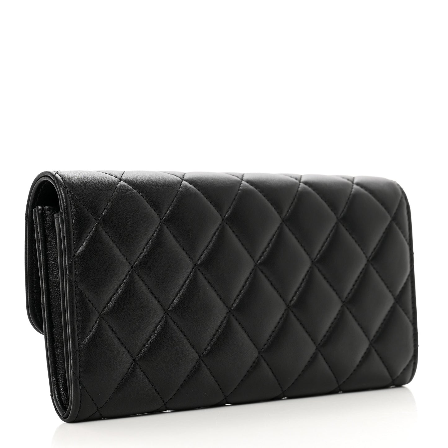 Lambskin Quilted Large Gusset Flap Wallet Black