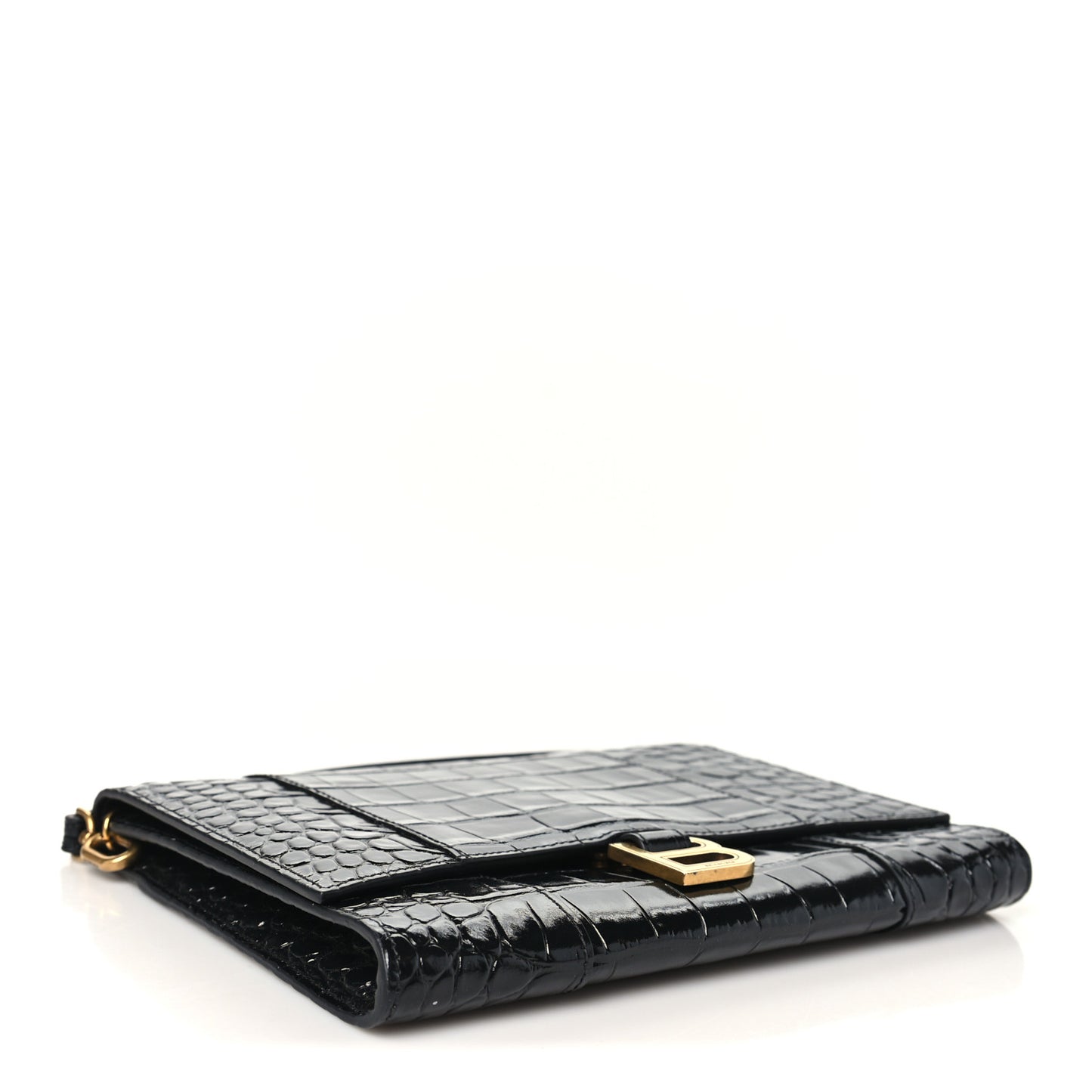 Shiny Calfskin Crocodile Embossed Hourglass Gusset Pouch Black