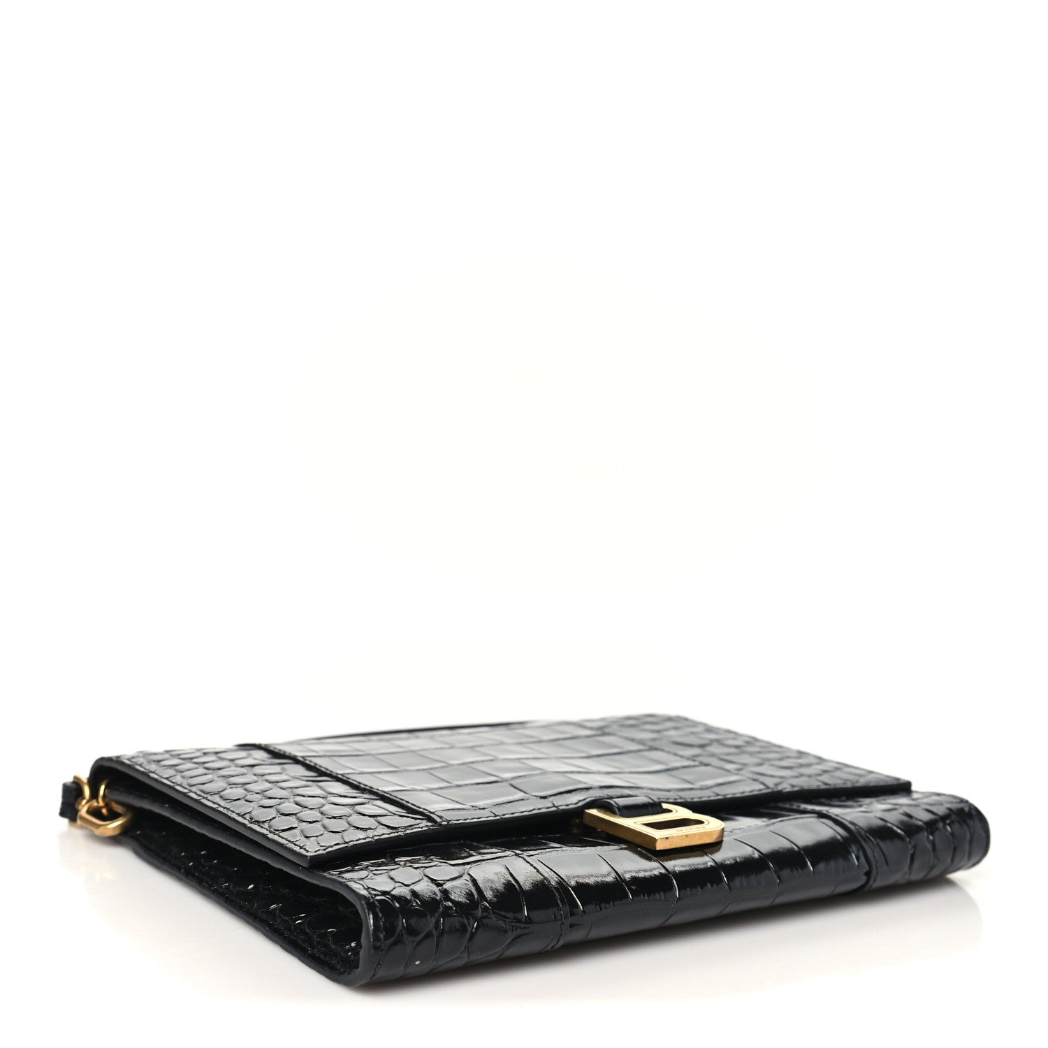 Balenciaga Shiny Calfskin Crocodile Embossed Hourglass Gusset Pouch Black 4 of 10