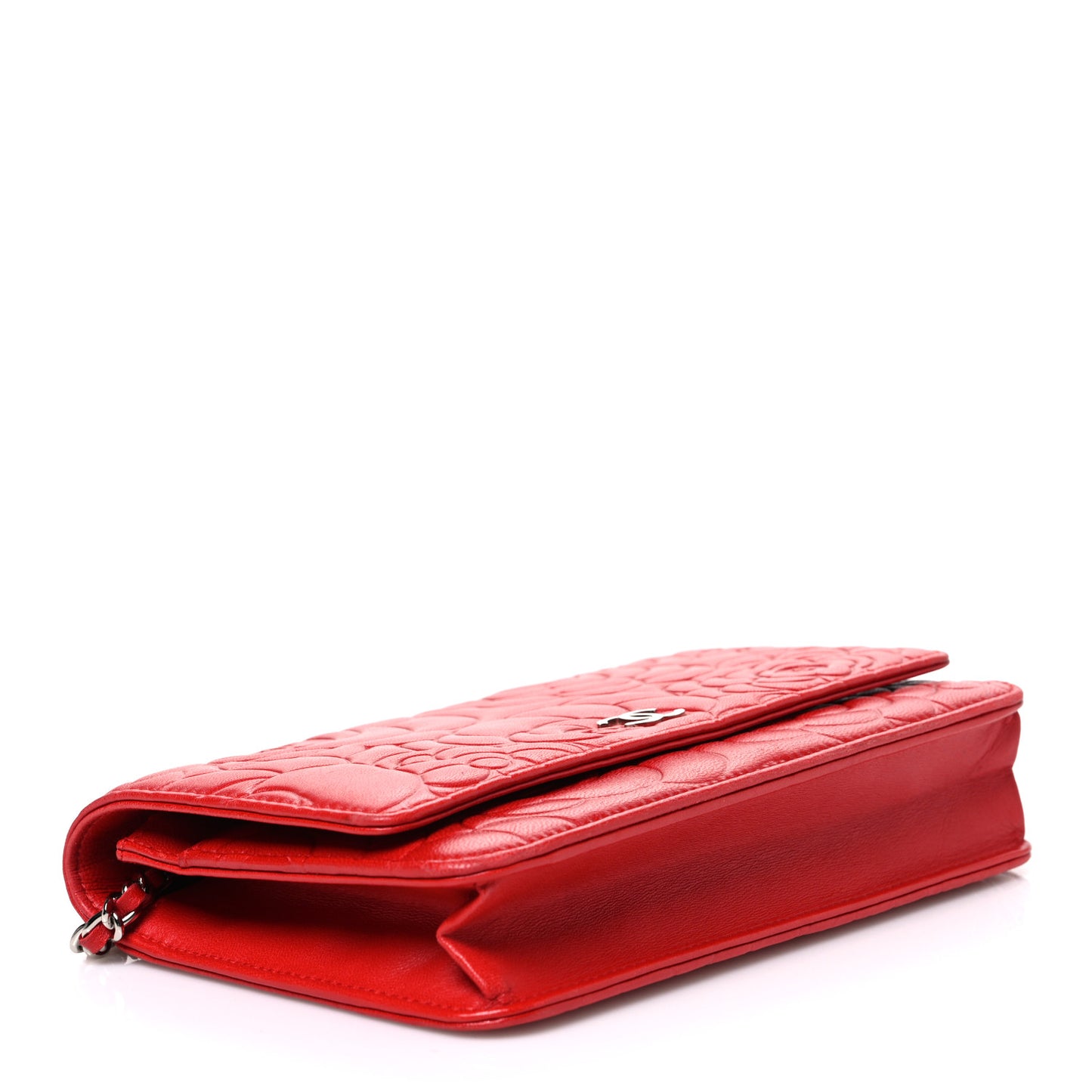Lambskin Camellia Embossed Wallet on Chain WOC Red