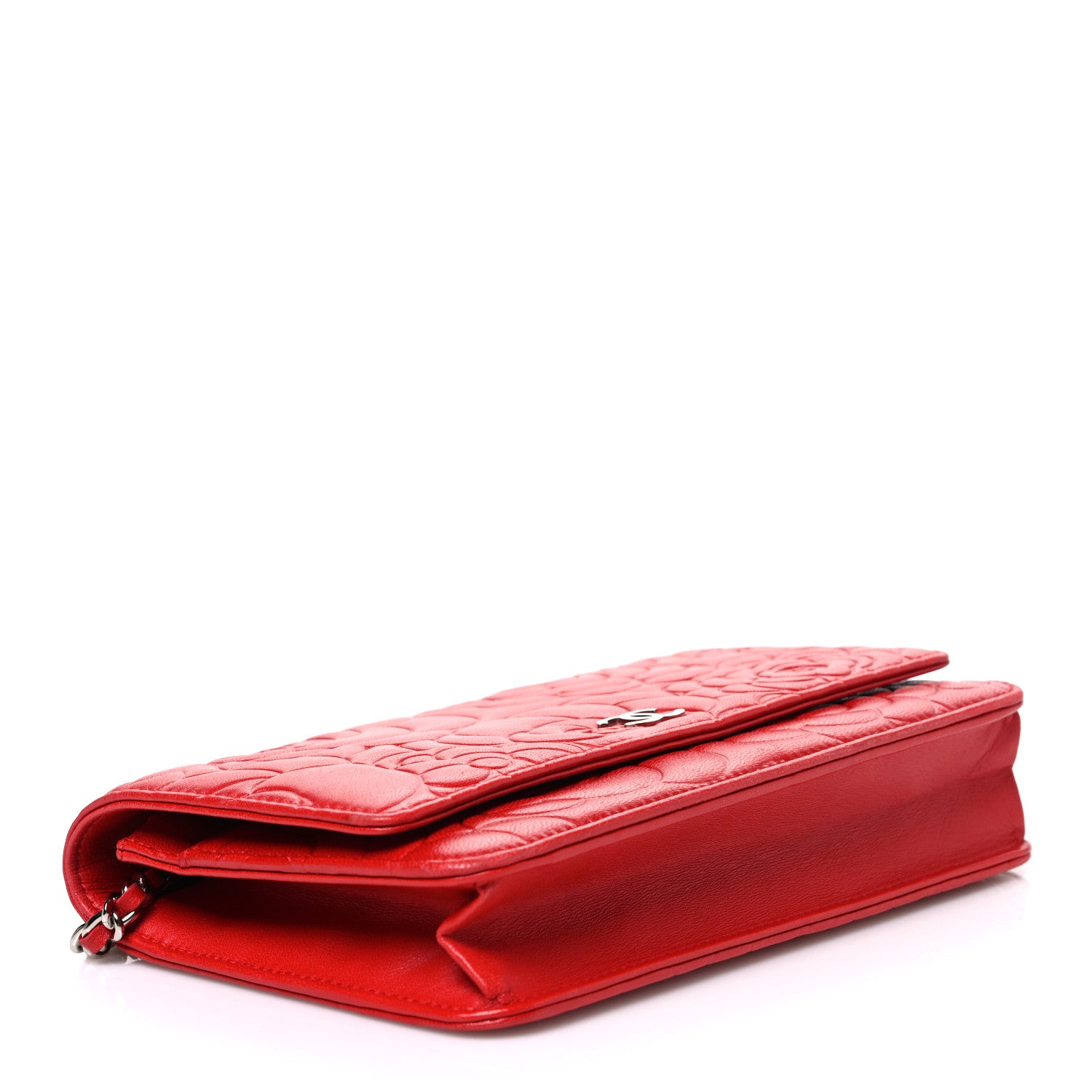 Chanel Lambskin Camellia Embossed Wallet on Chain WOC Red 3 of 10