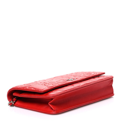 Chanel Lambskin Camellia Embossed Wallet on Chain WOC Red 3 of 10