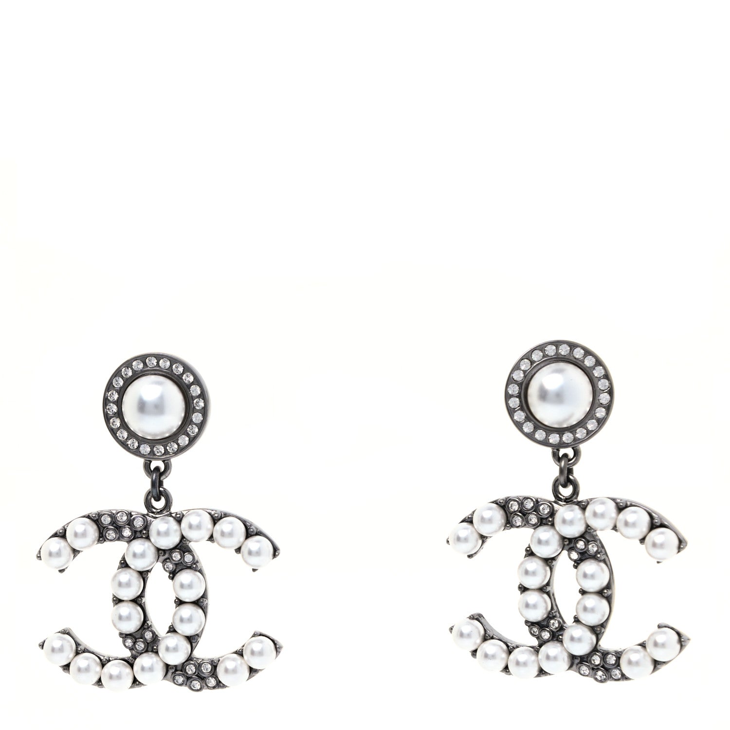Chanel Pearl Crystal CC Drop Earrings Silver 1 of 3