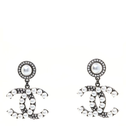 Chanel Pearl Crystal CC Drop Earrings Silver 1 of 3