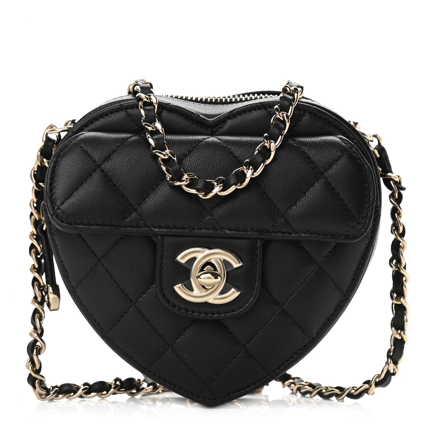Chanel Lambskin Quilted CC In Love Heart Clutch With Chain Black 1 of 11