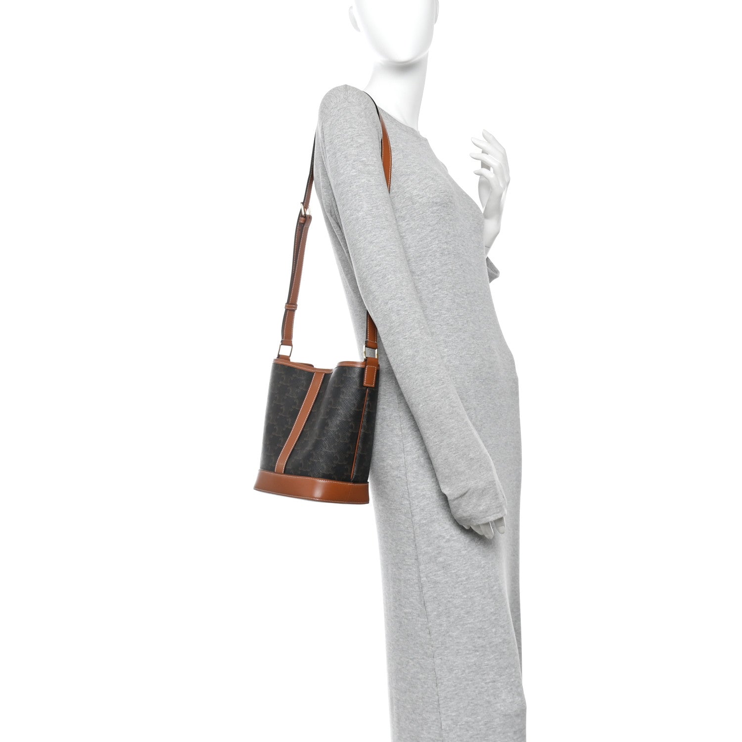 Celine Triomphe Canvas Calfskin Small Bucket Bag Tan 2 of 10