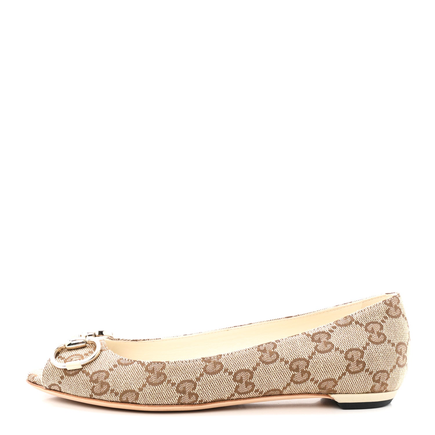Gucci Monogram Miro Soft Calfskin Womens Horsebit Peep Toe Flats 6 Beige Ebony Mystic White 1 of 10