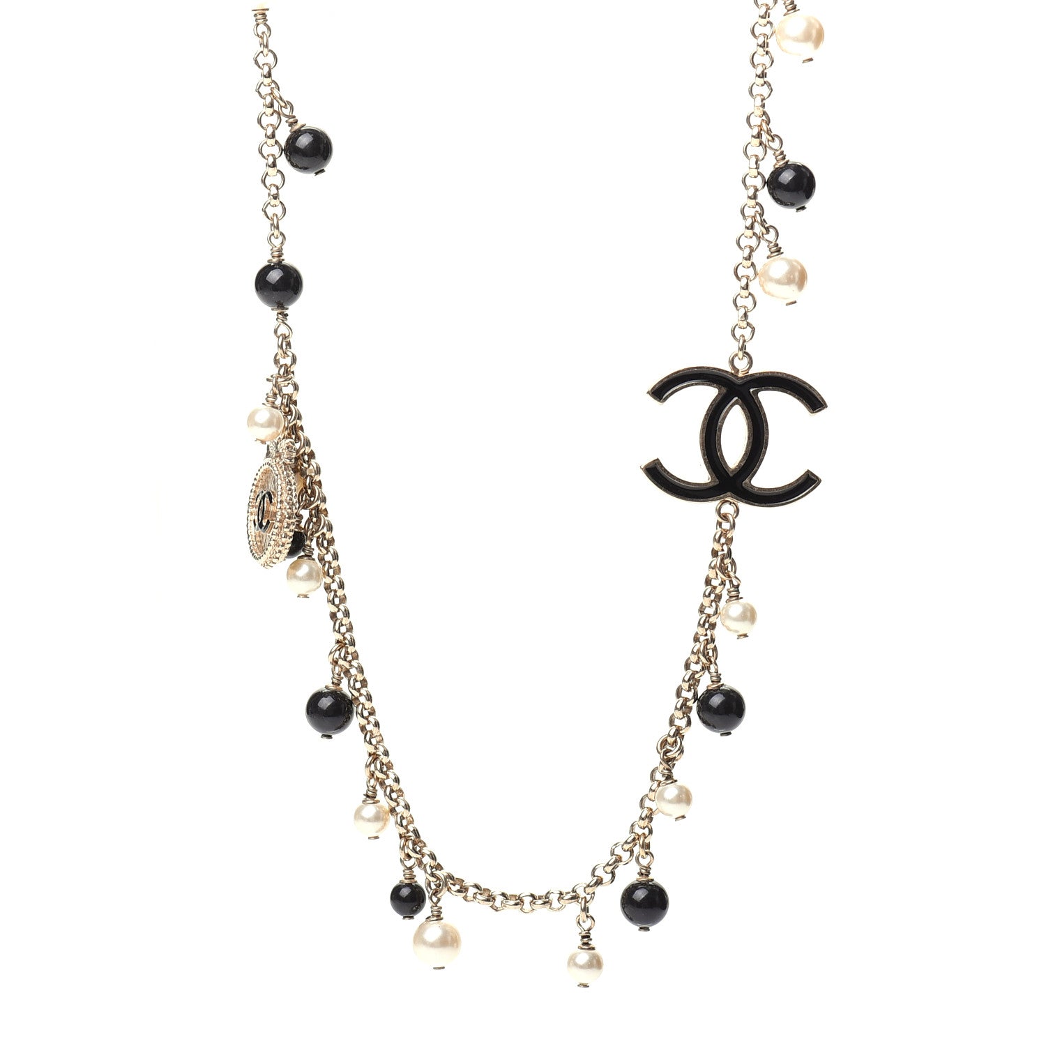 Chanel Pearl Beaded Enamel CC Coco Long Necklace Black Gold 1 of 6