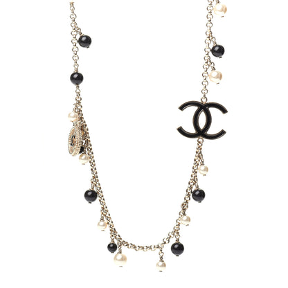 Chanel Pearl Beaded Enamel CC Coco Long Necklace Black Gold 1 of 6