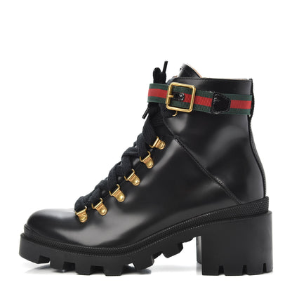 Gucci Calfskin Sylvie Web Lace Up Combat Boots 38.5 Black 1 of 7