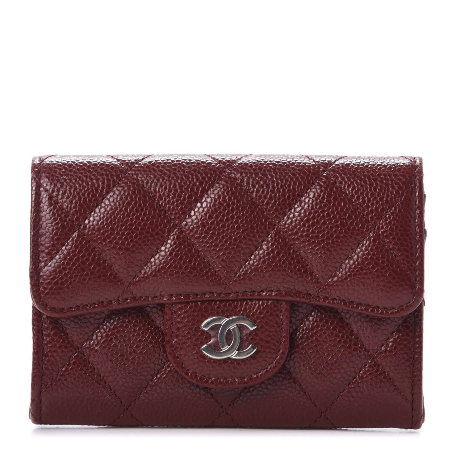 Iridescent Caviar Quilted Flap Card Holder Wallet Burgundy