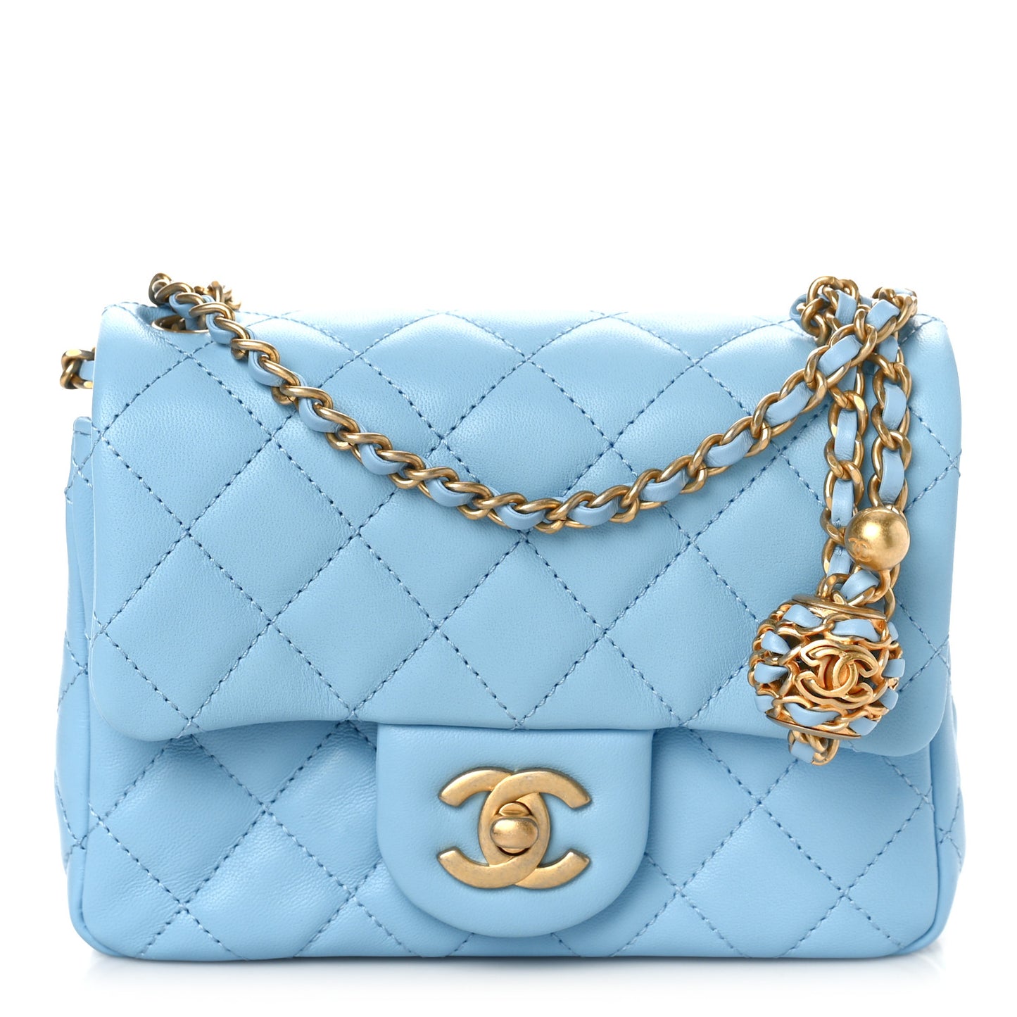 Lambskin Quilted Mini Pearl Crush Flap Light Blue