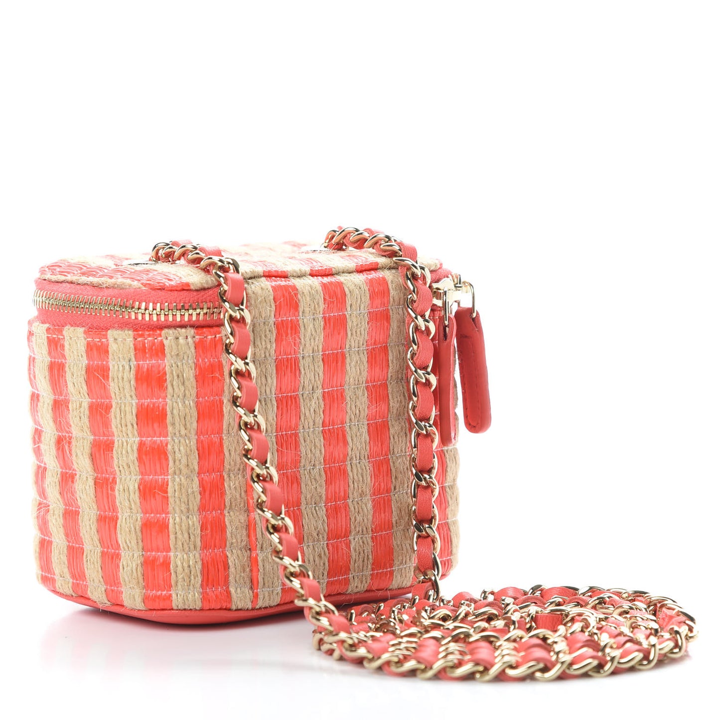Raffia Jute Striped Mini Vanity Case With Chain Red Beige