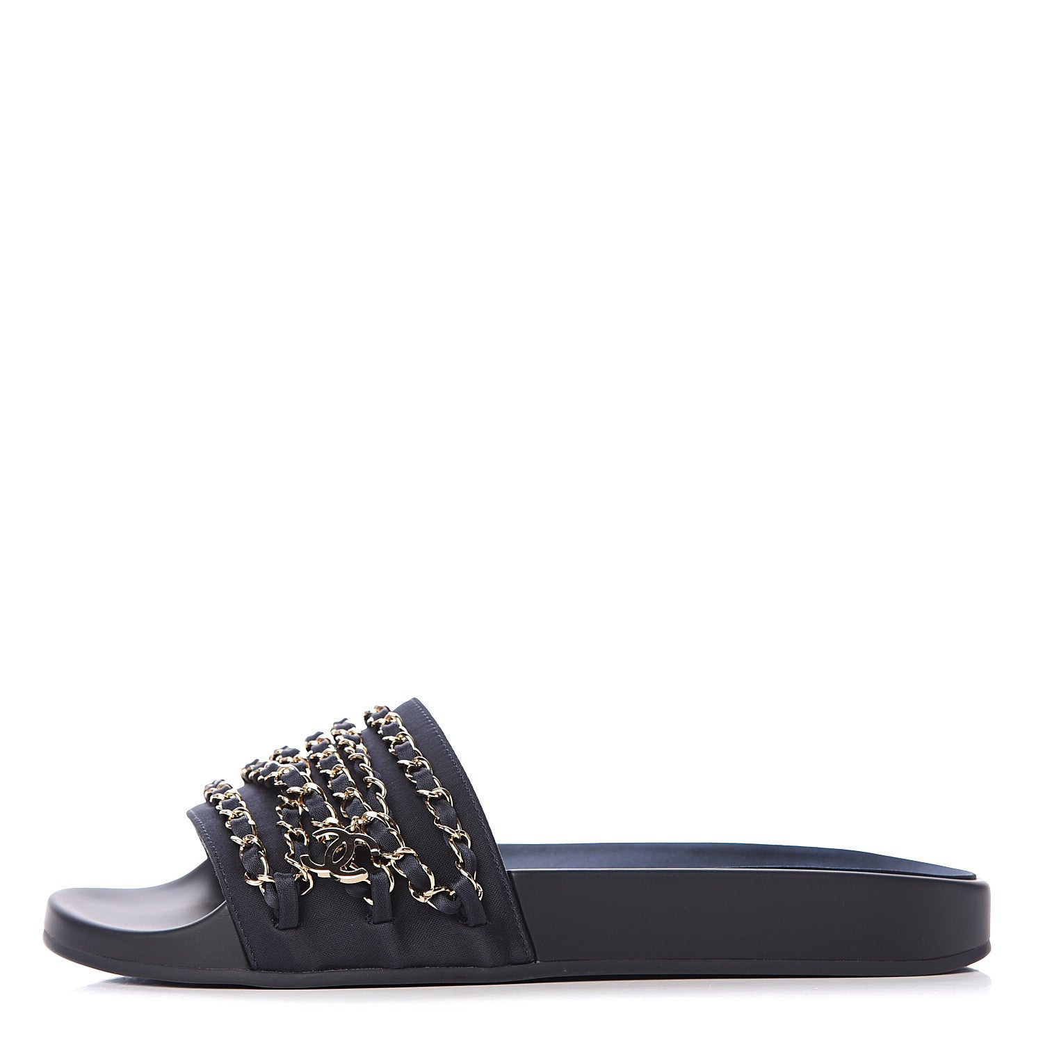 Chanel Satin Canvas Chain Slides Sandals Flats 39 Marine 1 of 7