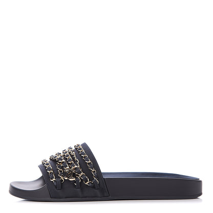 Chanel Satin Canvas Chain Slides Sandals Flats 39 Marine 1 of 7