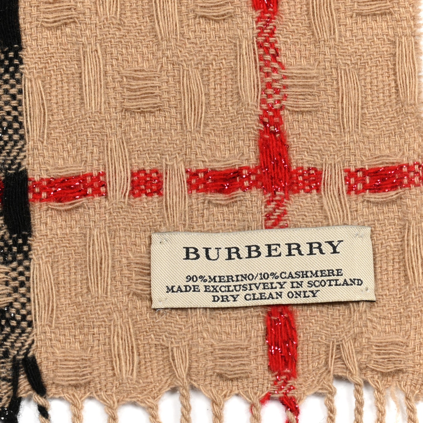 Merino Wool Cashmere Exploded Check Fringe Scarf Camel