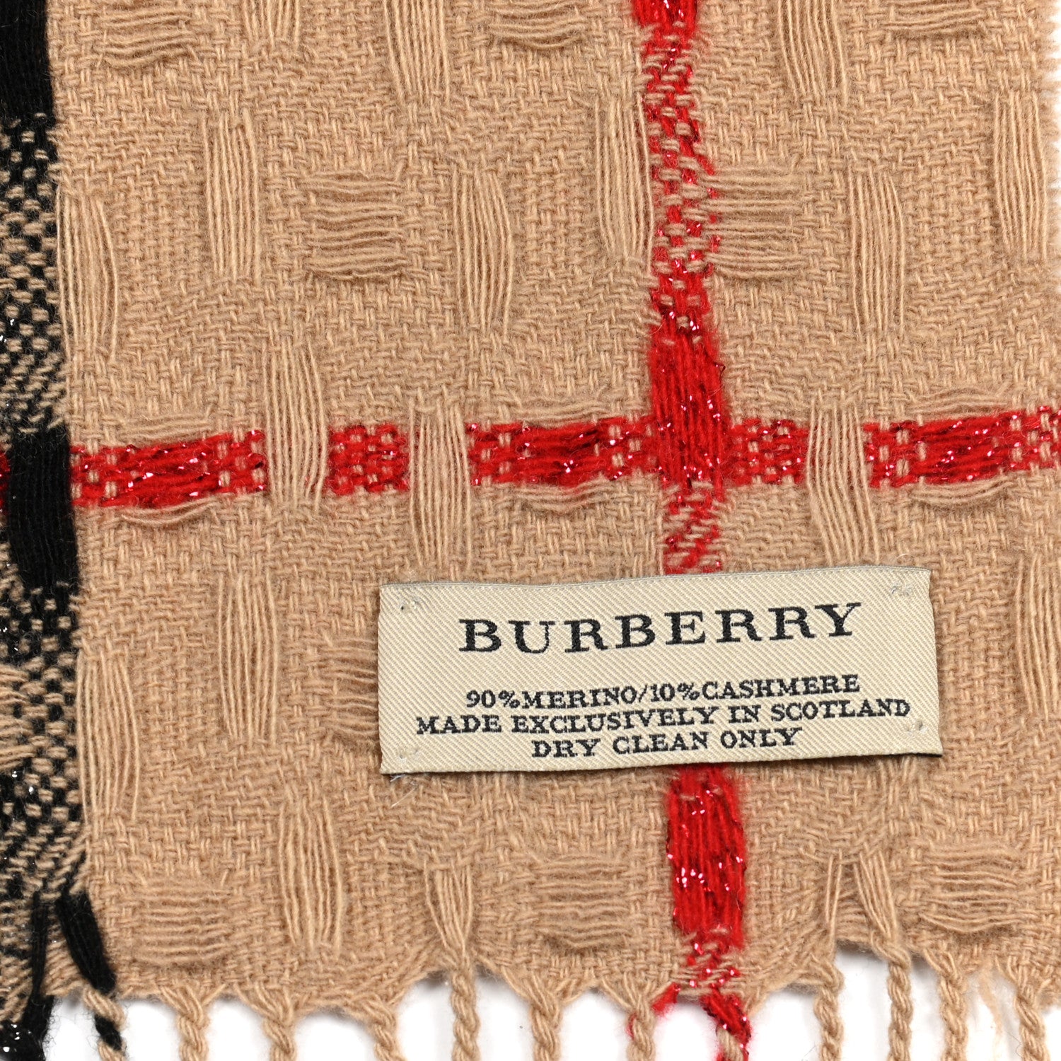 Burberry Merino Wool Cashmere Exploded Check Fringe Scarf Camel 4 of 4