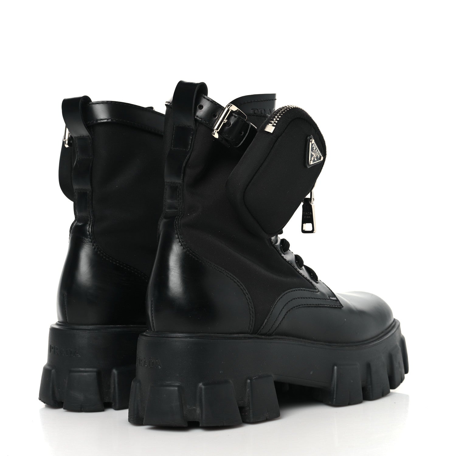 Prada Spazzolato Rois Nylon Metal Triangle Logo Monolith Pouch Pocket 55mm Boots 39 Black 4 of 8