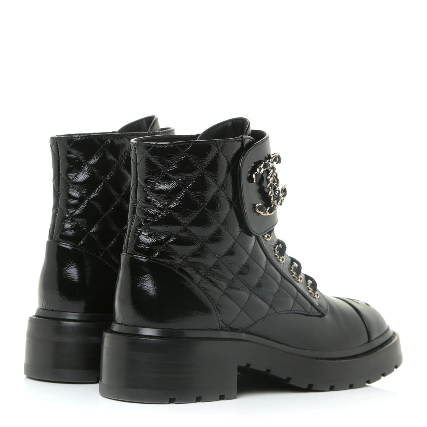 Shiny Calfskin Quilted Lace Up Combat Boots 37 Black