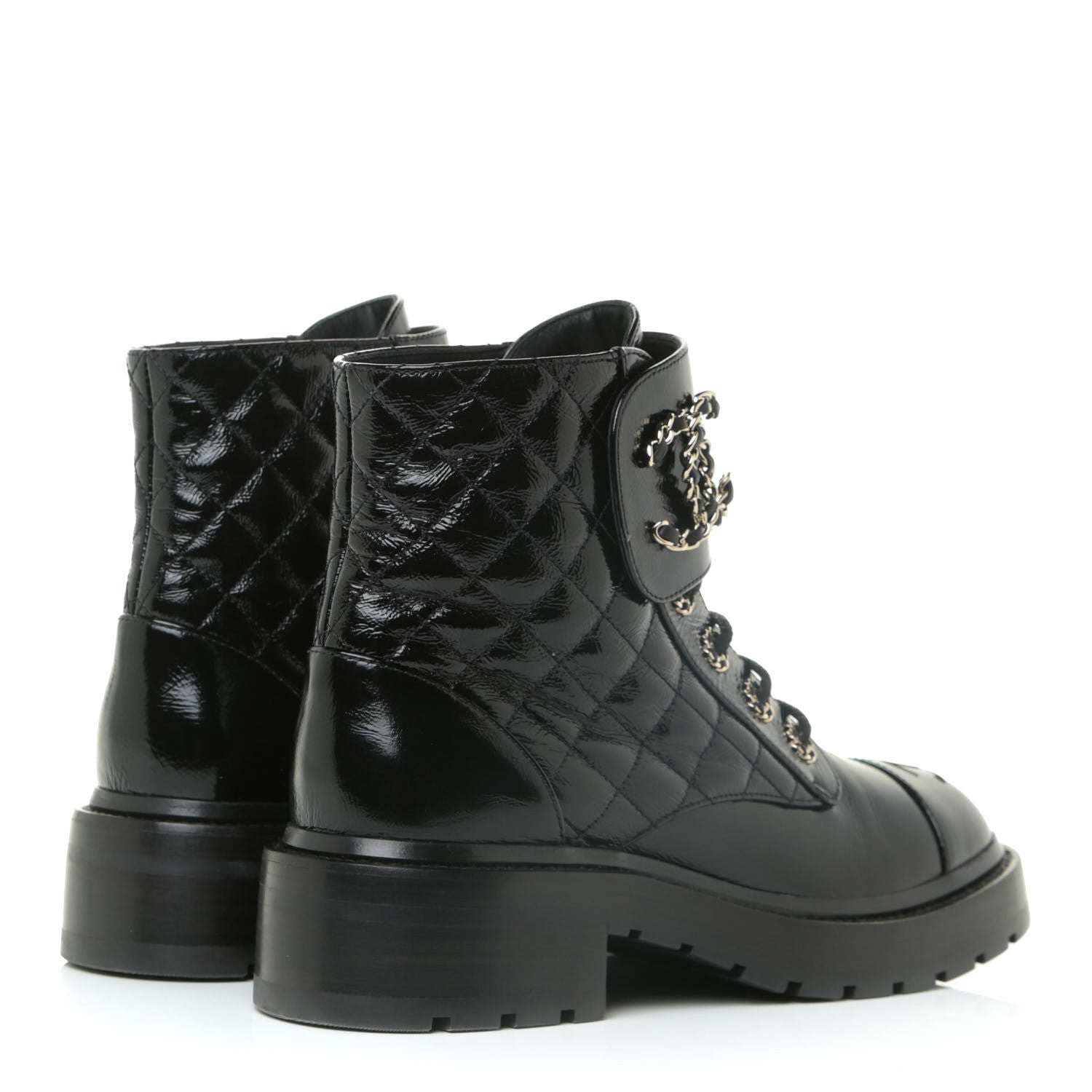 Chanel Shiny Calfskin Quilted Lace Up Combat Boots 37 Black 5 of 16