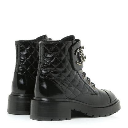 Chanel Shiny Calfskin Quilted Lace Up Combat Boots 37 Black 5 of 16