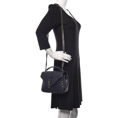 Saint Laurent Sheepskin Matelasse Chevron Monogram Medium College Bag Deep Marine 2 of 10