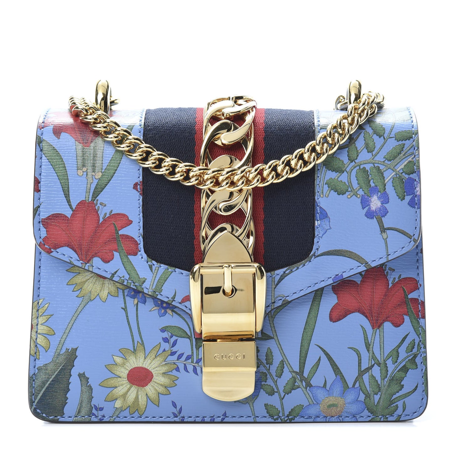 Shangai Calfskin Web New Flora Mini Sylvie Chain Shoulder Bag Azure