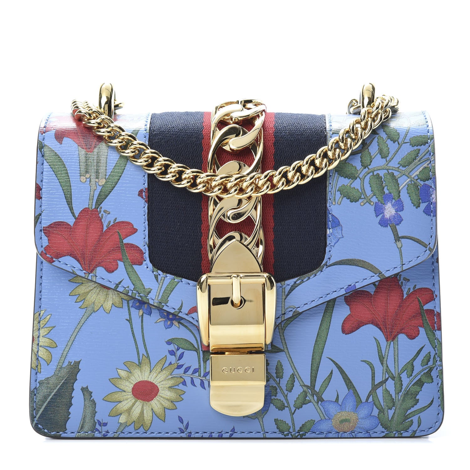 Gucci Shangai Calfskin Web New Flora Mini Sylvie Chain Shoulder Bag Azure 1 of 10