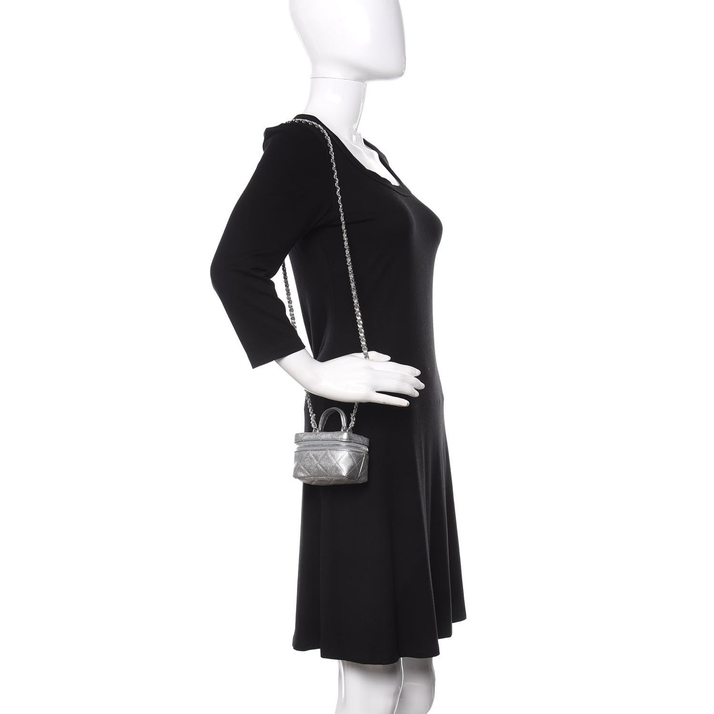 Metallic Caviar Quilted Mini Top Handle Vanity With Chain Silver