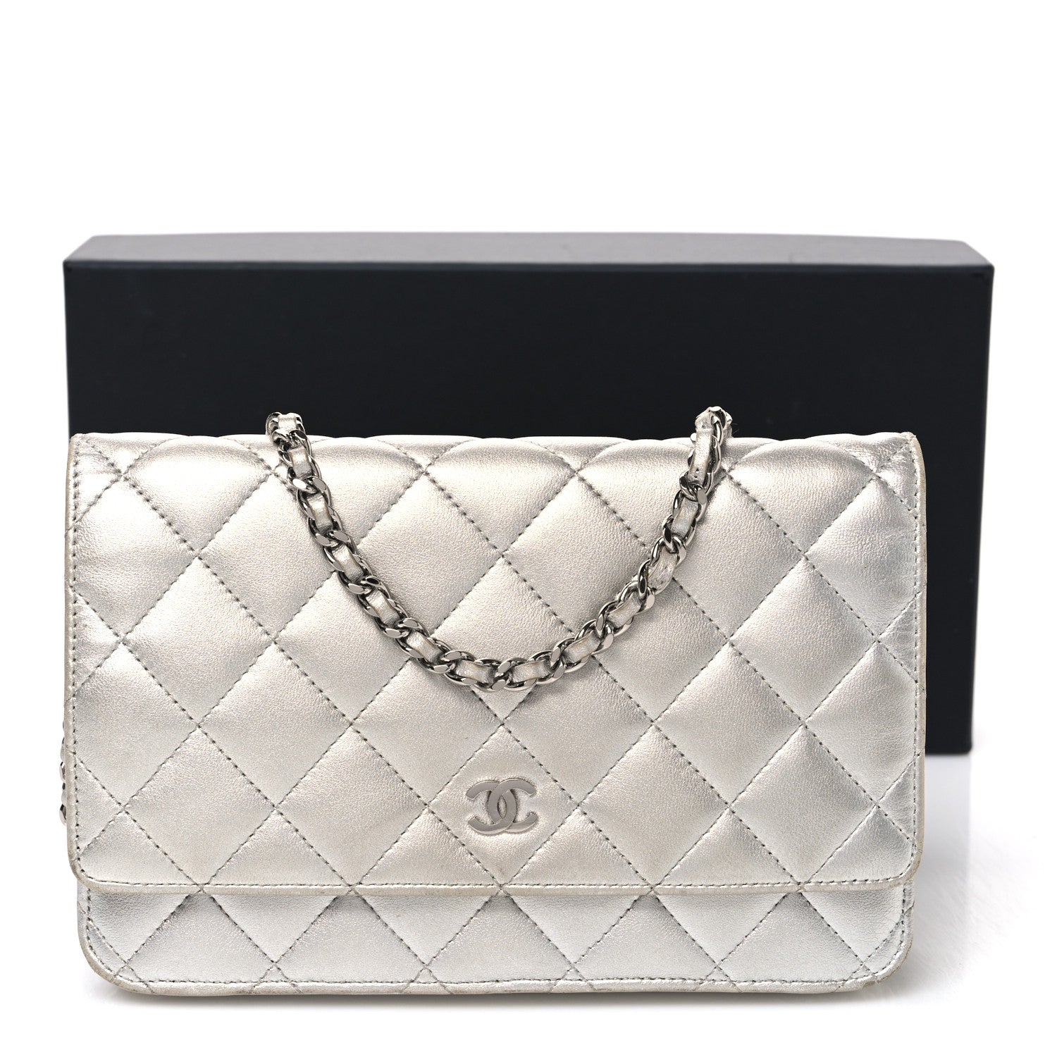 Chanel Metallic Lambskin Quilted Wallet On Chain WOC Silver 12 of 12