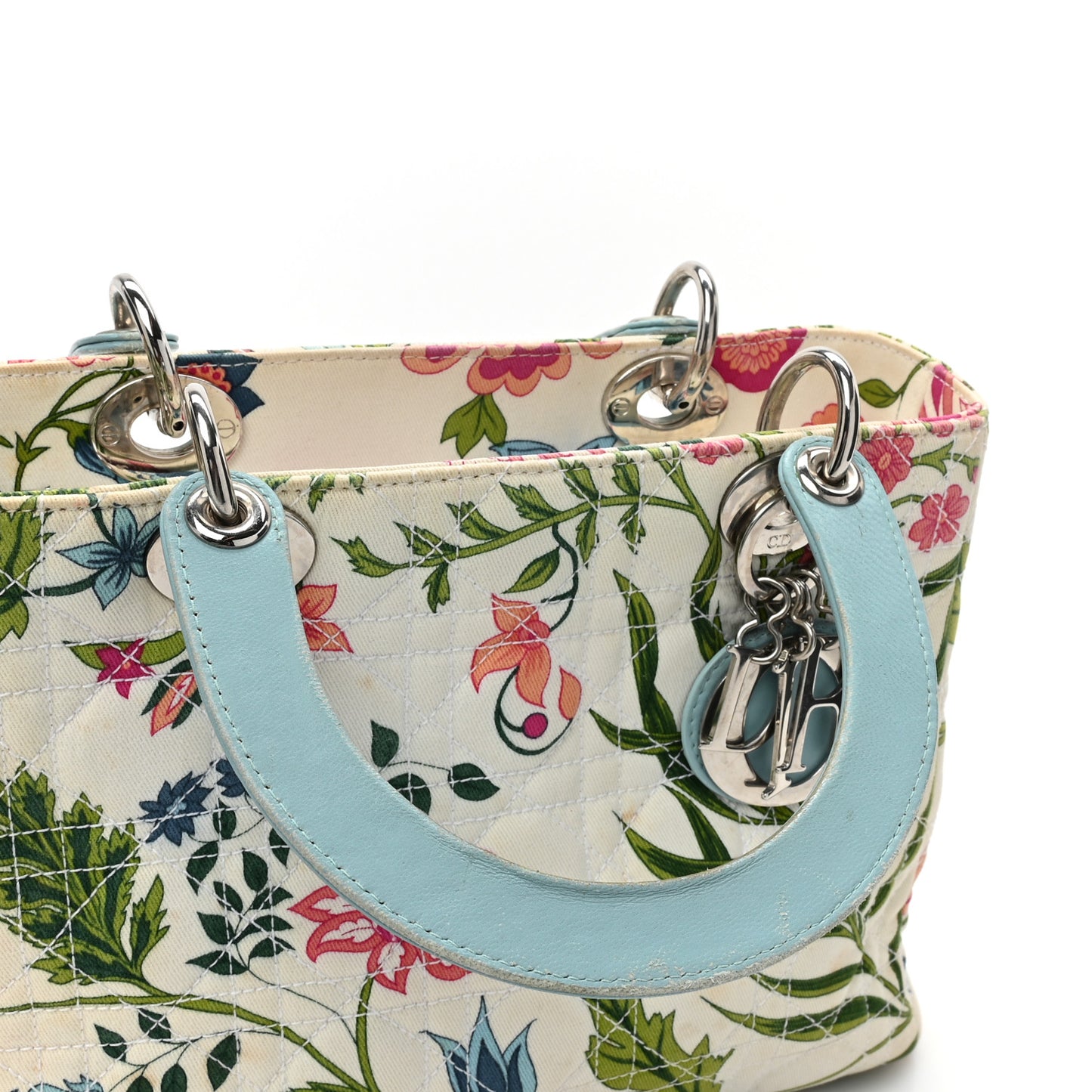 Canvas Cannage Floral Print Medium Lady Dior White Multicolor