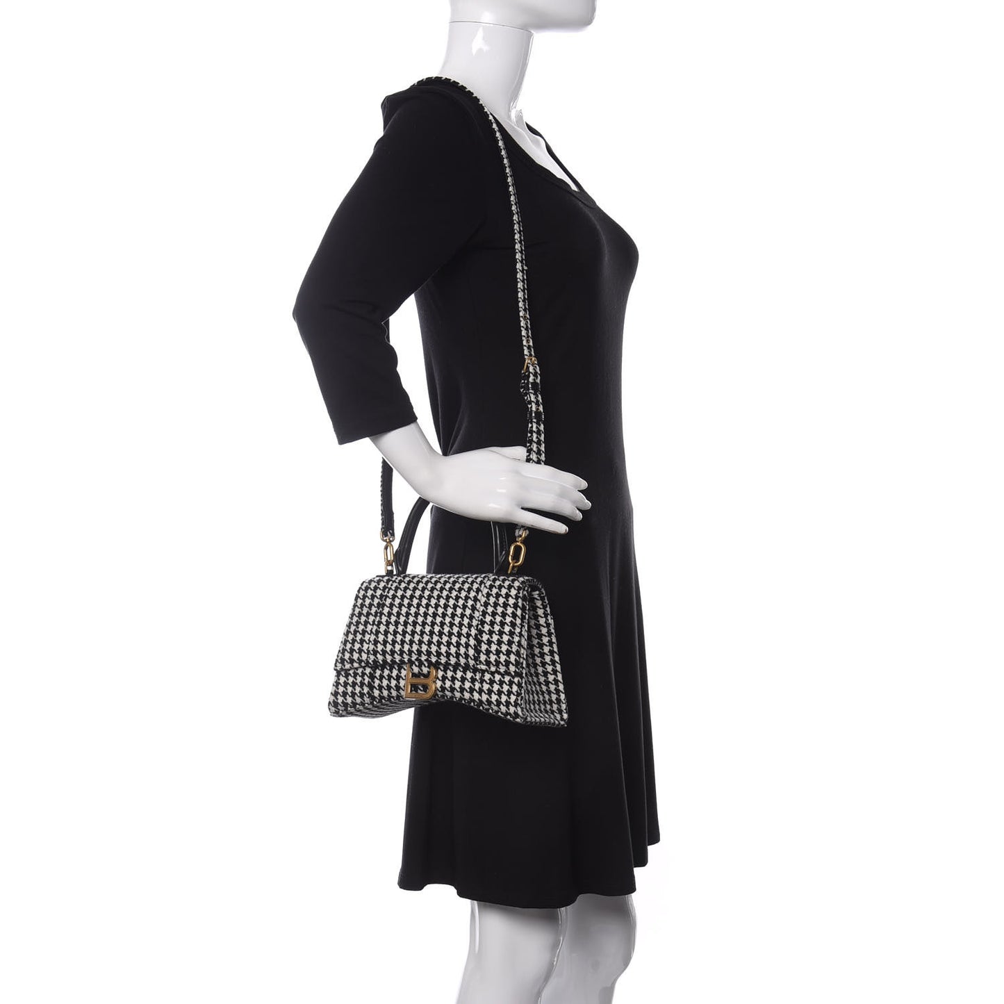 Wool Houndstooth Small Hourglass Top Handle Bag Black White