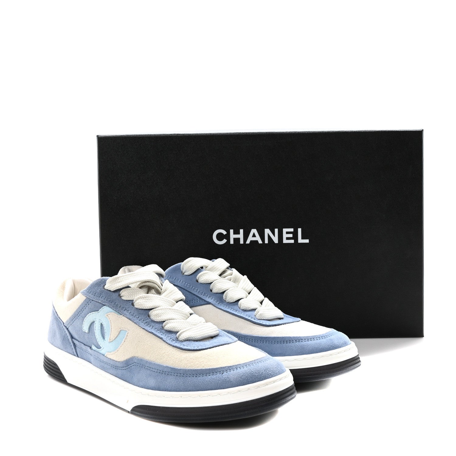 Chanel Suede Kidskin Womens CC Sneakers 37.5 White Blue 8 of 8