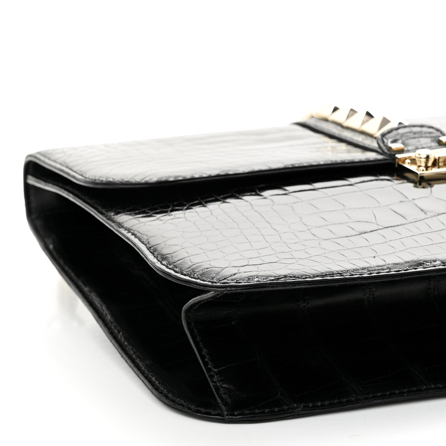 Patent Crocodile Embossed Large Glam Lock Rockstud Flap Black