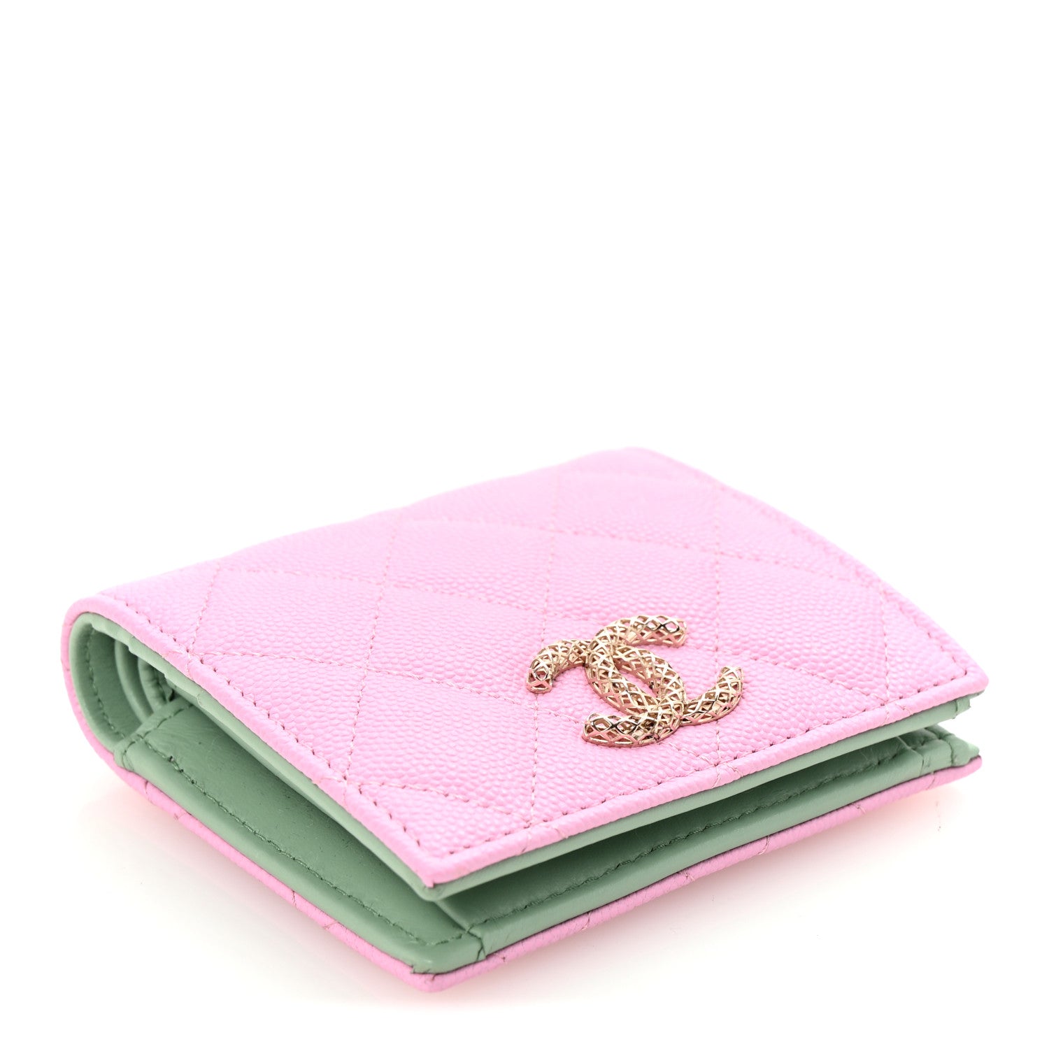 Chanel Caviar Metal Perforated Quilted CC Compact Bi-Fold Flap Wallet Lilac Light Green 4 of 9