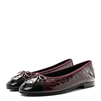 Chanel Patent Calfskin Crocodile Embossed Ballerina Flats 37 Dark Burgundy Black 4 of 10