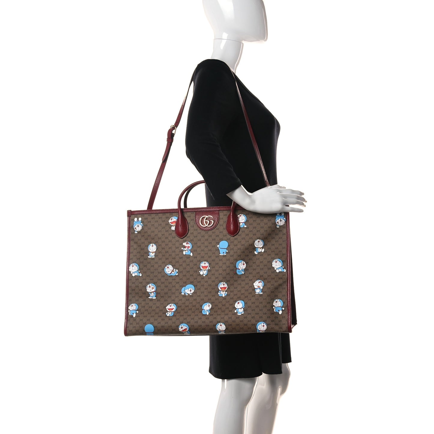 X DORAEMON Mini Vintage GG Supreme Monogram Large Tote Bag Beige Cherry Red