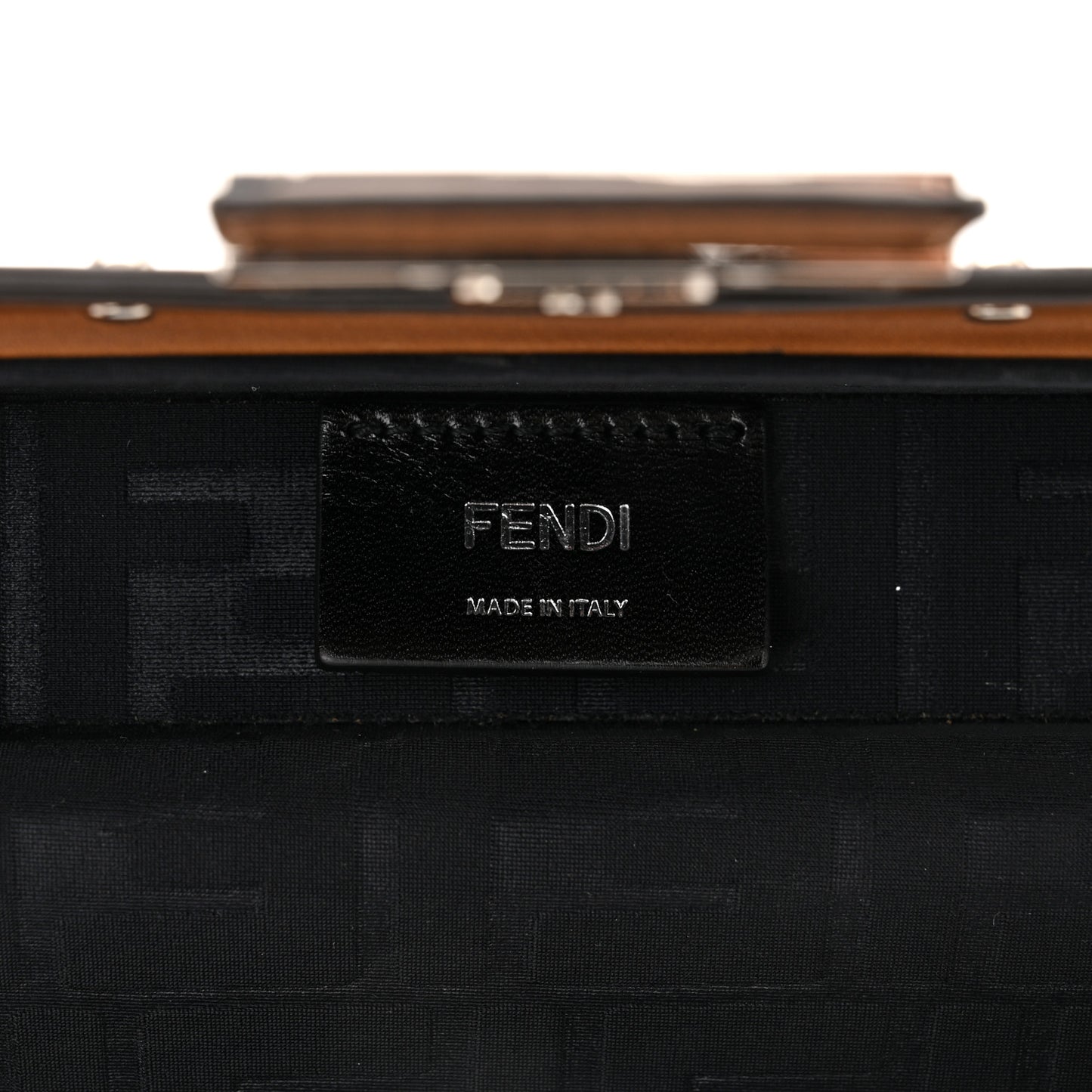 Shiny Glazed Fabric Vachetta FF 1974 Mini Baguette Trunk Mogano Panna Cuoio
