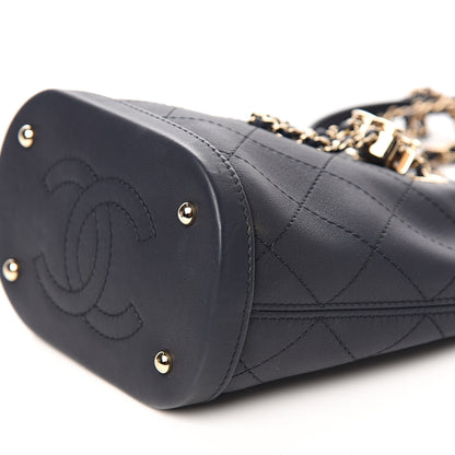 Chanel Calfskin Stitched Chain Bucket Bag Navy 8 of 10