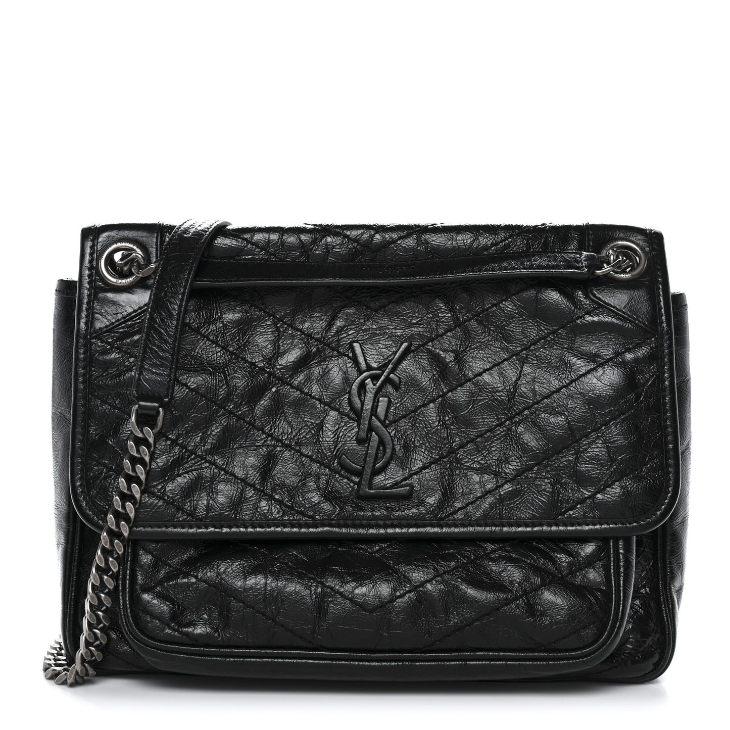 Crinkled Calfskin Matelasse Monogram Medium Niki Chain Satchel Black