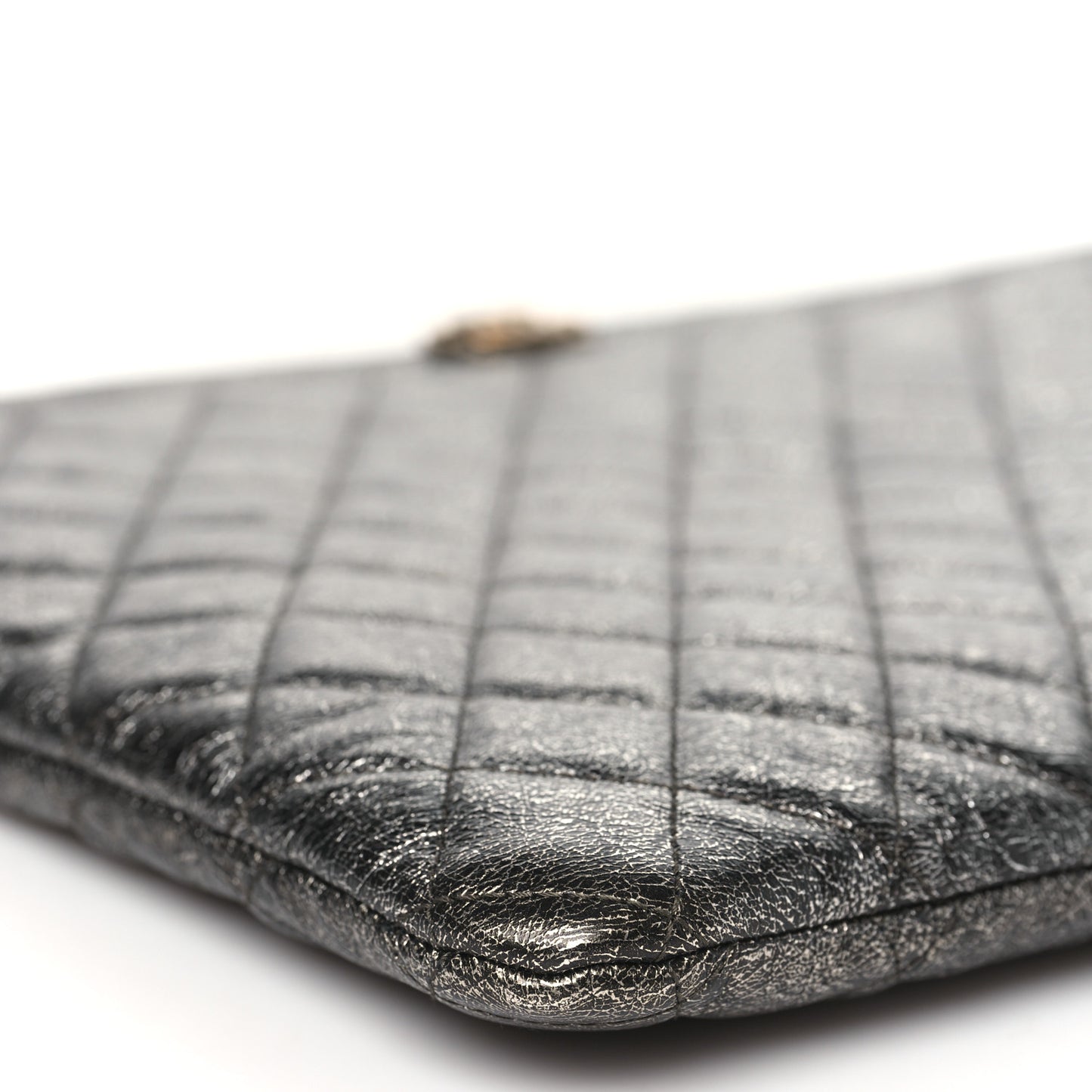 Cracked Metallic Calfskin Quilted Large Boy Cosmetic Case Dark Silver