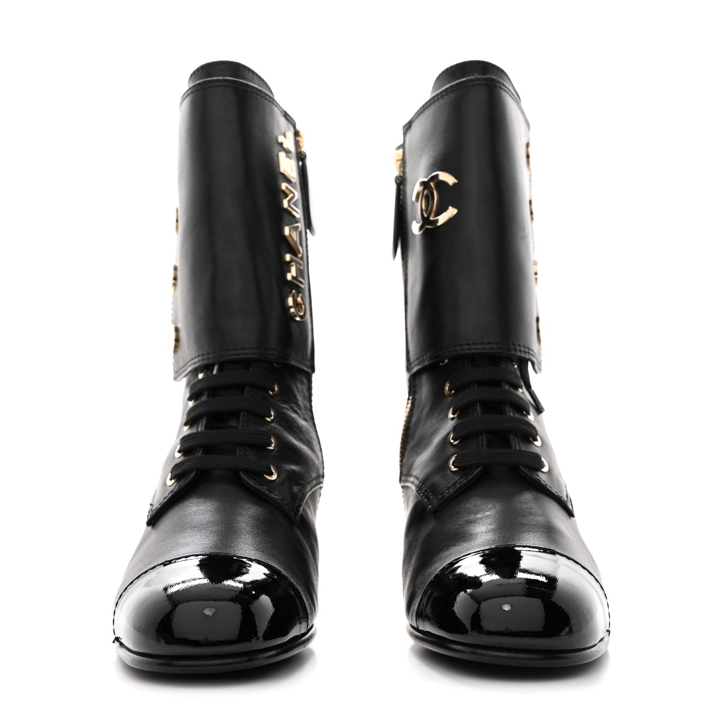 Calfskin Patent Cap Toe CC Lace Up Boots 38.5 Black