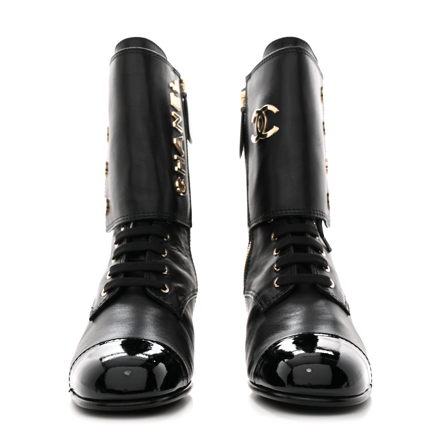 Chanel Calfskin Patent Cap Toe CC Lace Up Boots 38.5 Black 2 of 8