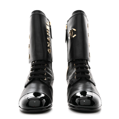Chanel Calfskin Patent Cap Toe CC Lace Up Boots 38.5 Black 2 of 8