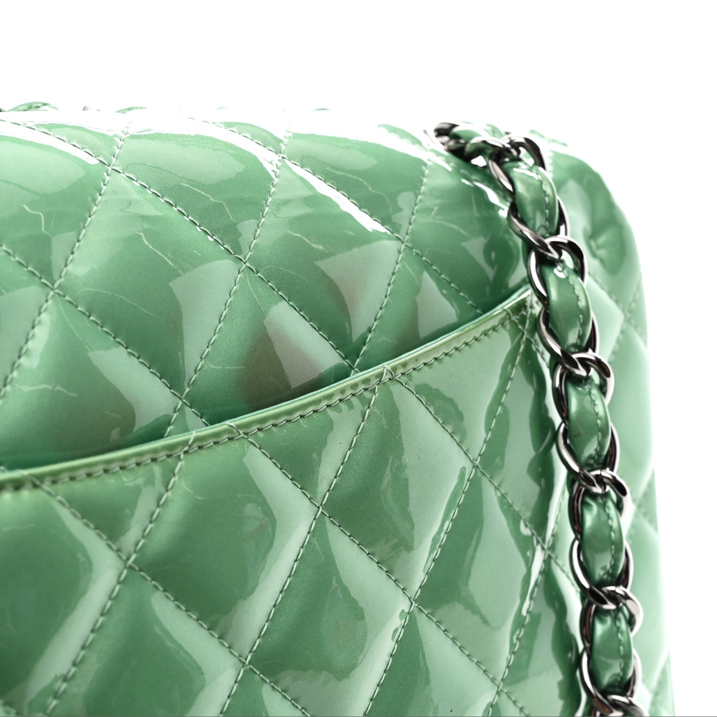 Patent Calfskin Quilted Jumbo Double Flap Green