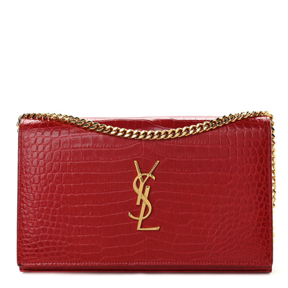 Saint Laurent Calfskin Crocodile Embossed Monogram Chain Wallet New Lipstick Red 1 of 11