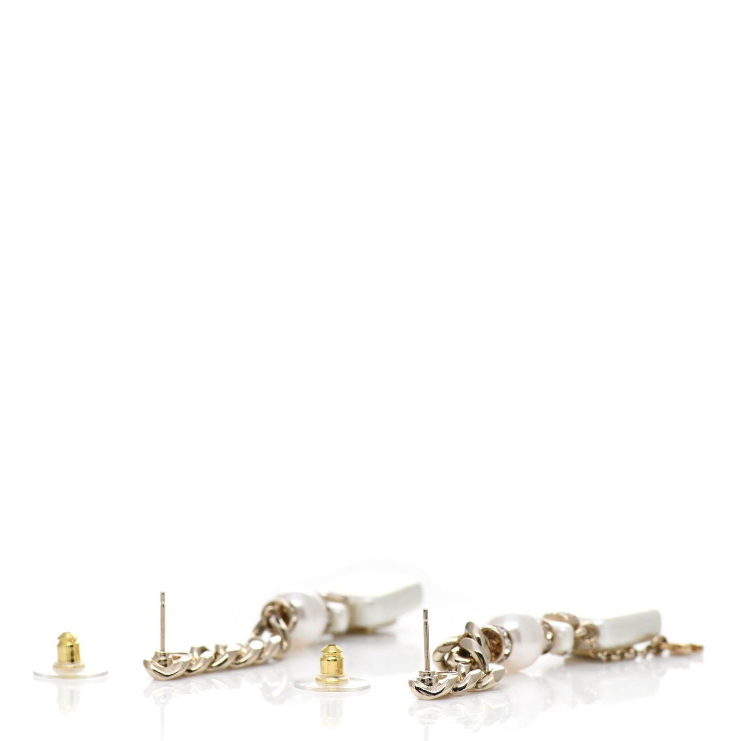 Pearl Resin Crystal CC No 5 Perfume Bottle Chain Drop Earrings Gold Pearly White