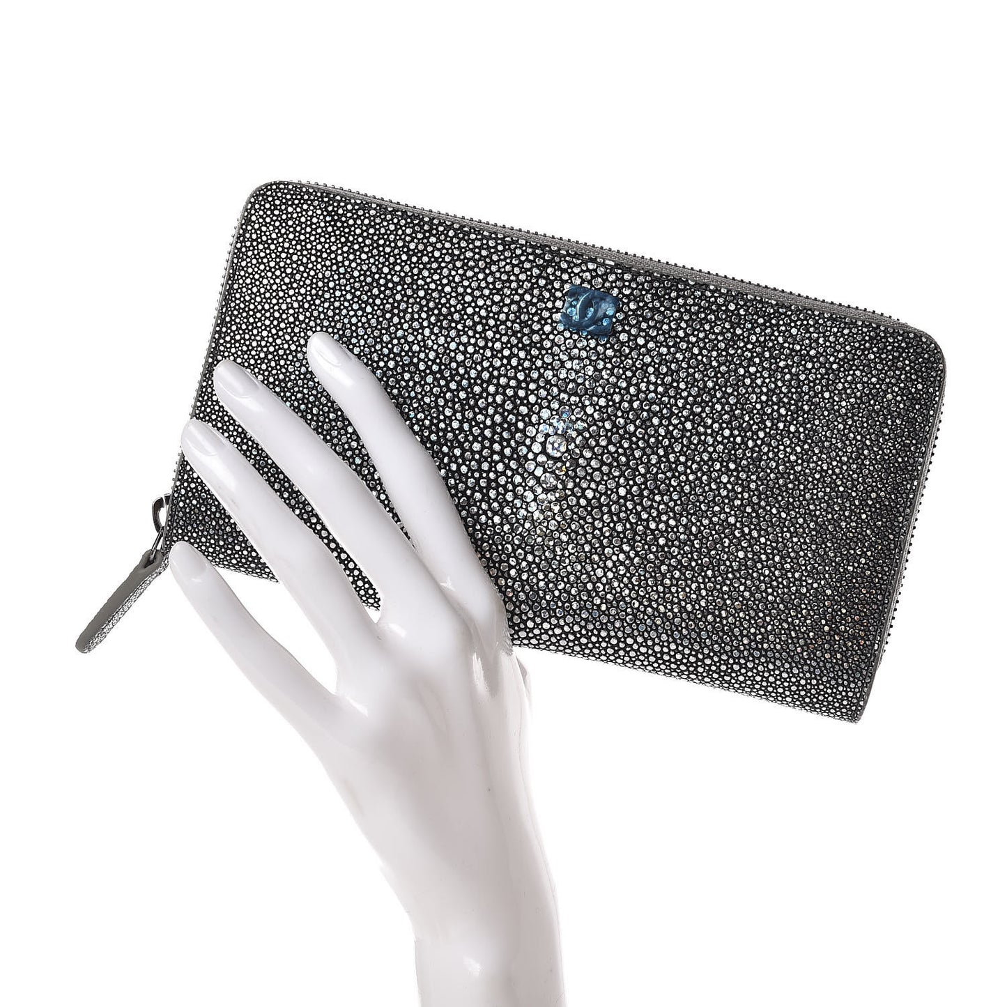 Metallic Galuchat Stingray Zip Around Wallet Silver